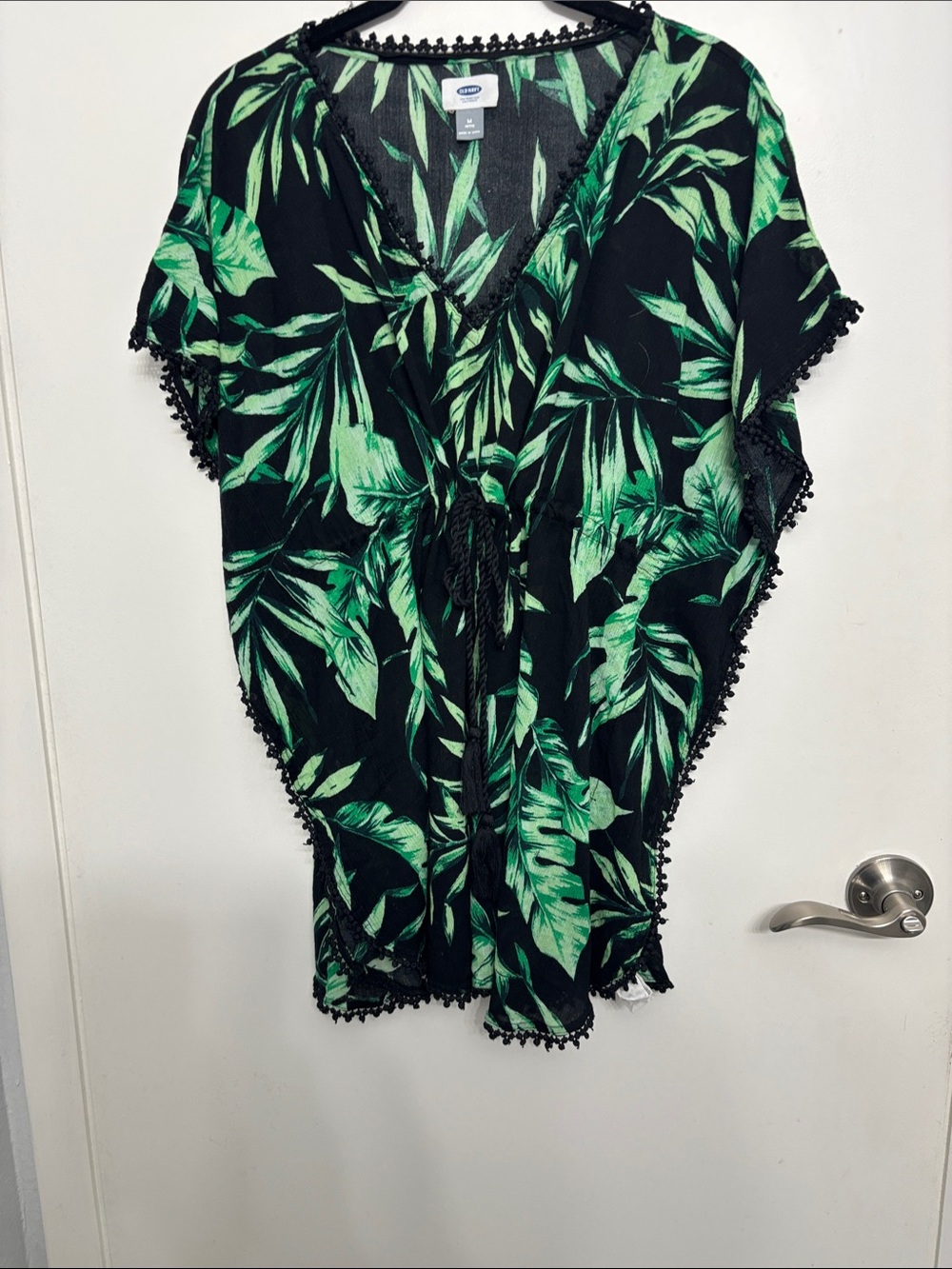 Old Navy Black Beach coverup with Green Leaf Print and Pom Trim